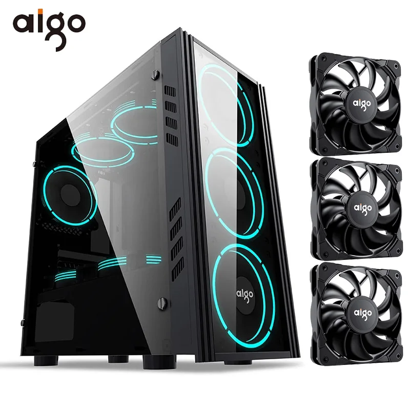 Aigo PC игровой чехол ATX Mid-Tower компьютерный чехол с 3 шт 120 мм PWM/ARGB вентилятор передний I/O USB Type-C порт закаленное стекло PC шасси - изображение