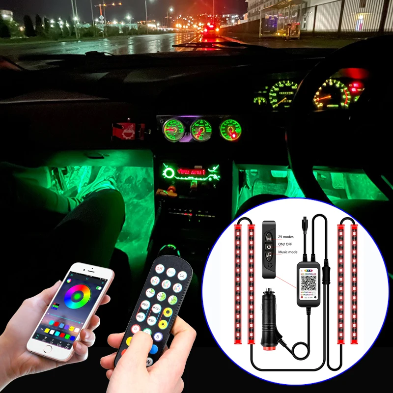 

4 In 1 Car Charging LED Indoor Floor Decoration Light Blue Fiber Car Decoration Dashboard Door Foot Light 12V Decorative strip