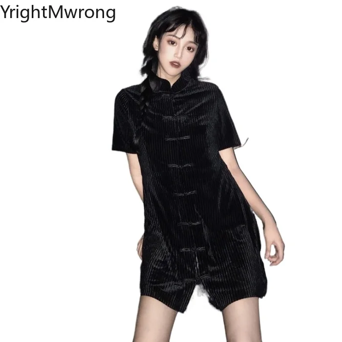 Винтажное платье Чонсам с коротким рукавом на пуговицах тёмное вельветовое