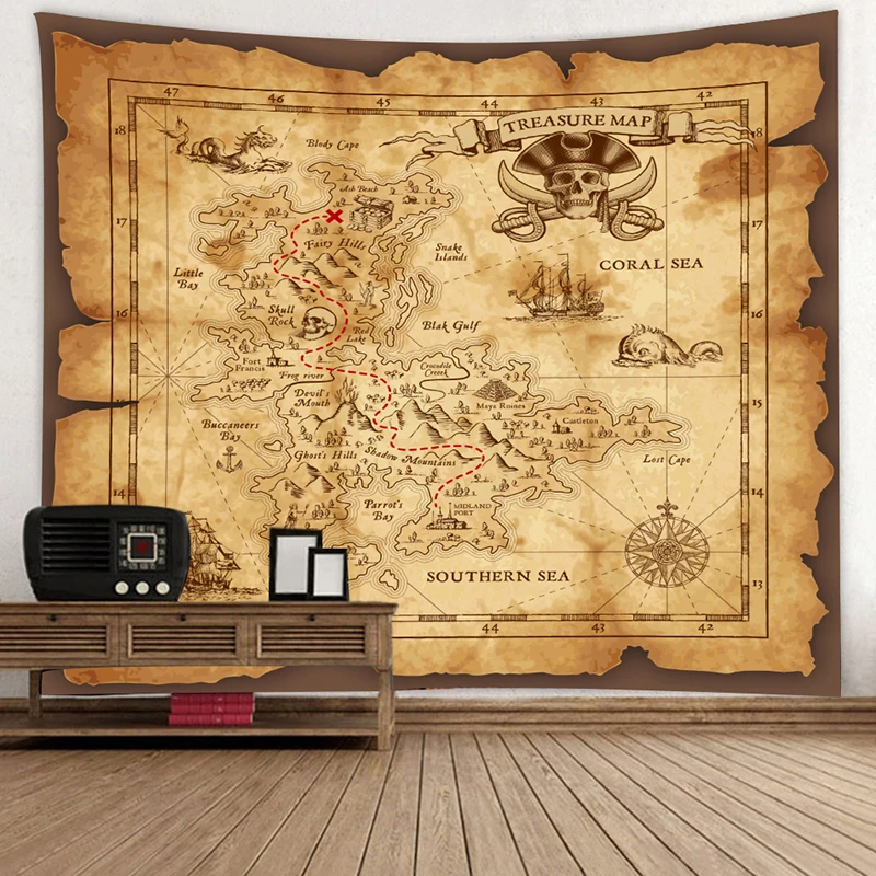 

Пиратская Карта сокровищ настенный гобелен с картой мира, подвесной из полиэстера, тонкое одеяло, пляжный коврик, скатерть, украшение для до...