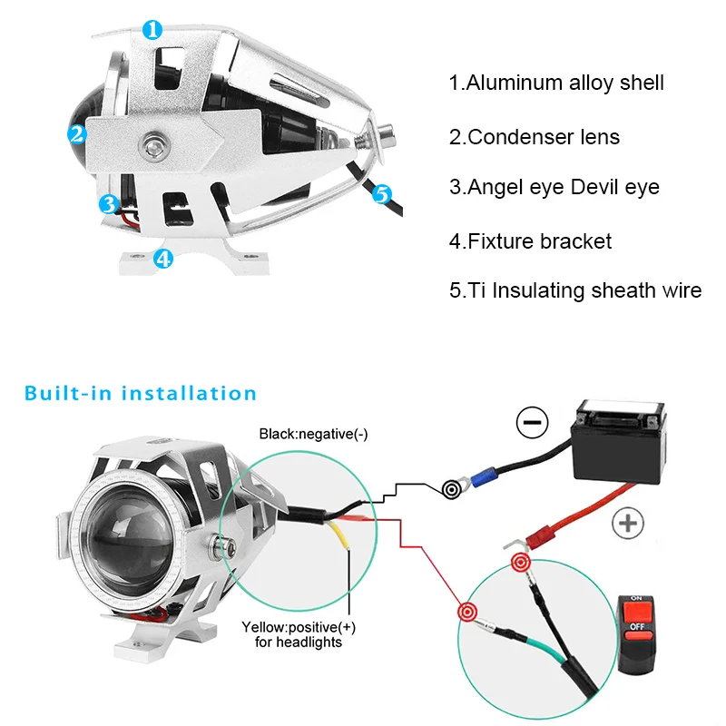 Светодиодный мотоциклетный прожектор для фар U7 2x125 Вт мигающий ангельский глаз и