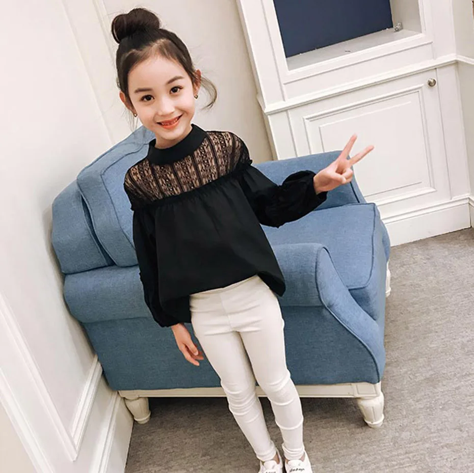 Белая блузка для девочек кружевные школьные рубашки с цветочным принтом