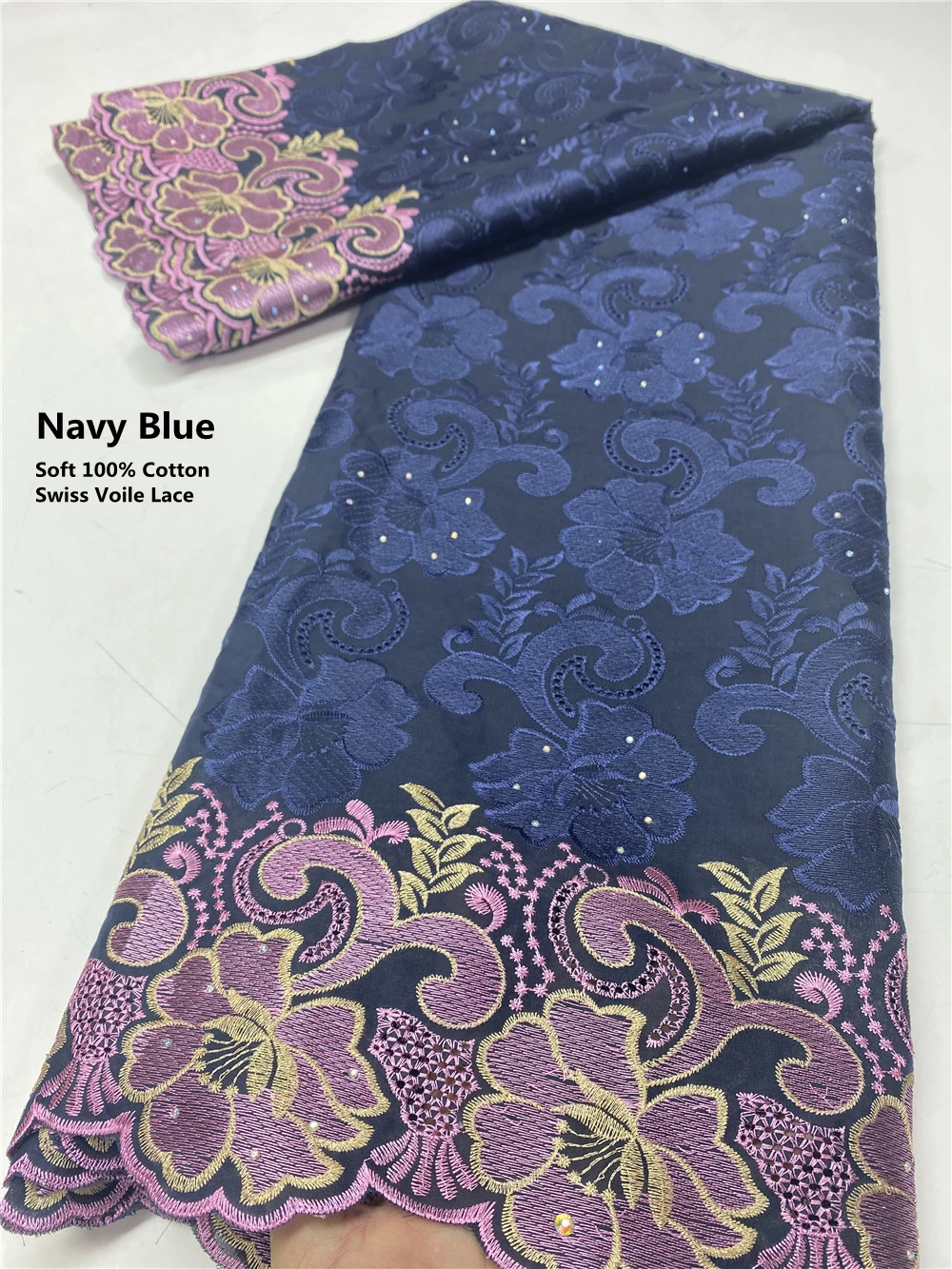 

XIYA Navy Blue African Cotton Swiss Voile Lace Fabric High Quality With Stones Switzerland African Lace Fabric QF1716B