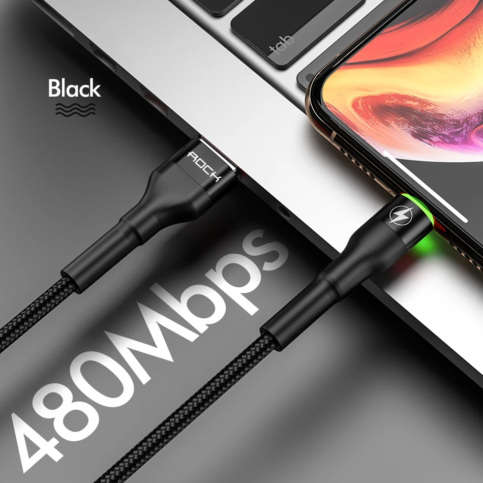 Black With LED Light ROCK Metal Led usb-кабель со светом для iPhone 11 Xs MAX Xr X 8 7 6 6s Plus Быстрая зарядка для iPad 100 см 200 см 50 см Быстрая зарядка данных - Цвет: Black With LED Light
