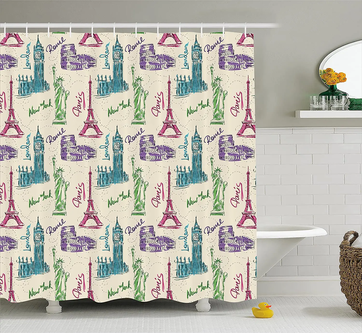 Занавеска для душа Биг-Бен Эйфелева башня Статуя Свободы колозеум рисование