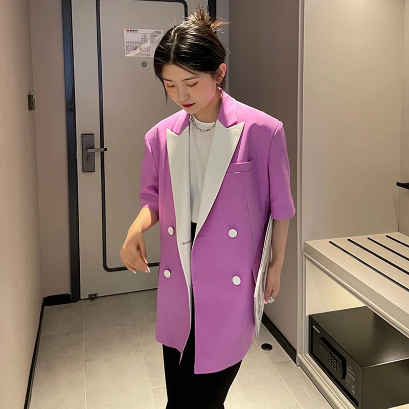 

SHENGPALAE Elegant Purple Blazer Women's Summer 2021 New Contrast Color Notched Large Size Double Breasted Long Sleeve Suit Coat
