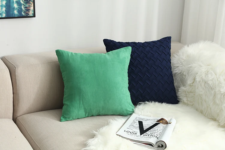 Blue Cushion Cover Soft Faux Suede Home Decorative Navy Pillow Cover Woven Pattern Green 45x45cm/30x50cm