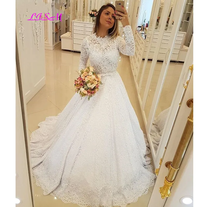 

Gorgeous Lace Wedding Dresses O-Neck Long Sleeves Pearls With Bow Sash Muslim Bridal Dress robe de mariee