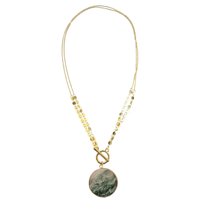 Gold Sequin Layered Chain Semi Precious Stone Disc Pendant Necklace Fashion T Toggle Women's | Украшения и аксессуары