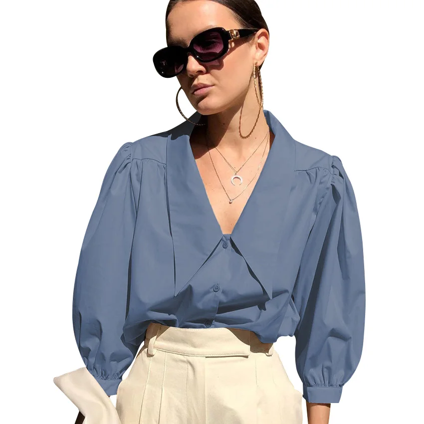 

Autumn Women Loose Solid Color Turn Down Collar Three Quarter Sleeve Shirt