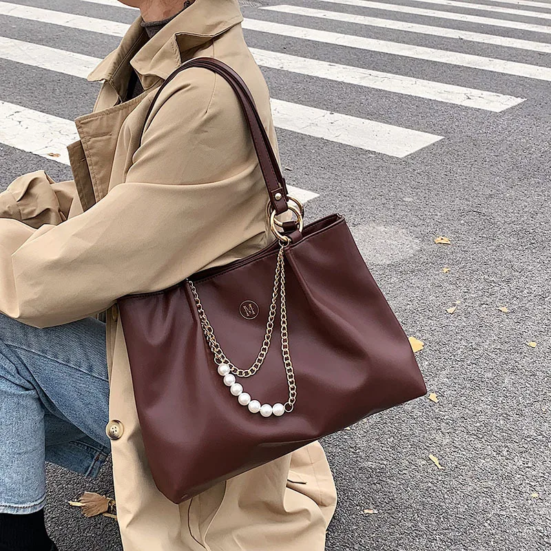 

Vintage Trendyol Fashion Leather Shopper Bag Chain Black Handbags For Women Bead Tote Sac A Main Femme Shoulder White Bolso Hand