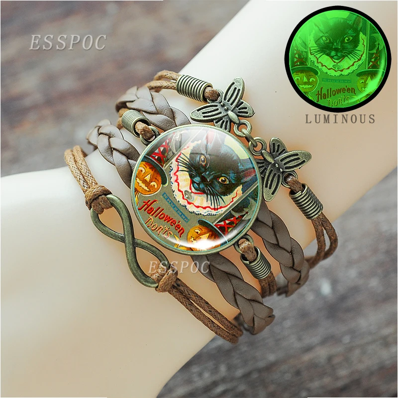 

Happy Halloween Pumpkin Head Bat Ghost Witch Bronze Bracelet Glass Dome Cabochon Jewelry Black Cat Fashion Luminous Gift