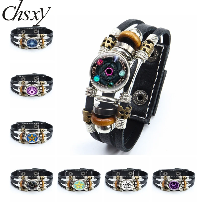 

Supernatural Esoteric Pentagram Leather Punk Retro Magic Amulet Glass Snap Buttons Bracelets Wristband Strap Unisex Jewelry Gift