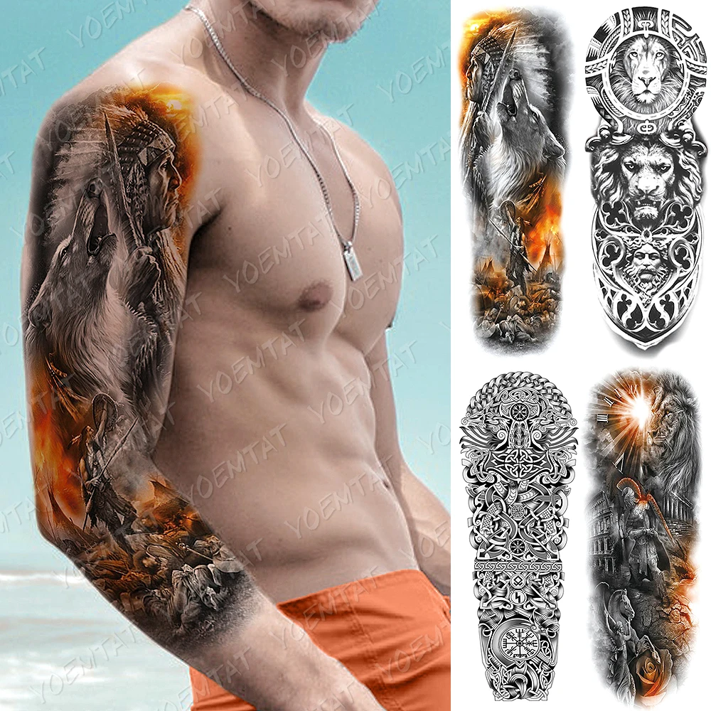 

Large Arm Sleeve Tattoo Indian Wolf Warrior Waterproof Temporary Tatto Sticker Lion Maori Totem Body Art Full Fake Tatoo Men