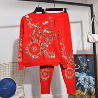 red white knitted tracksuits women outfits handwork sequin embroidery sweater pencil pants set loose casual knitting suit female