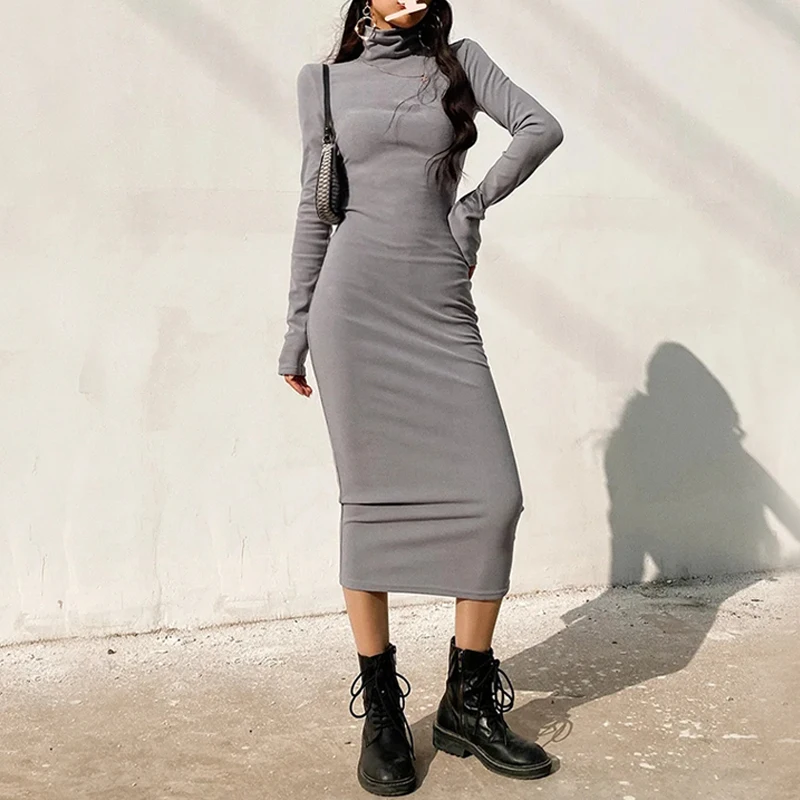 

Women High Neck Bodycon Midi Dess Casual Long Sleeved Midi Dress