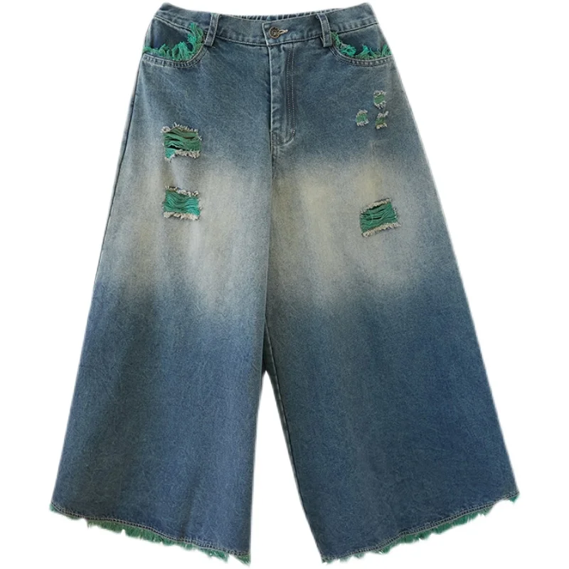 

IEJQ Women Denim Pants Patchwork Hole Loose Large Size Hit Color Burrs High Street Long Length 2021 New Spring Fashion XA307