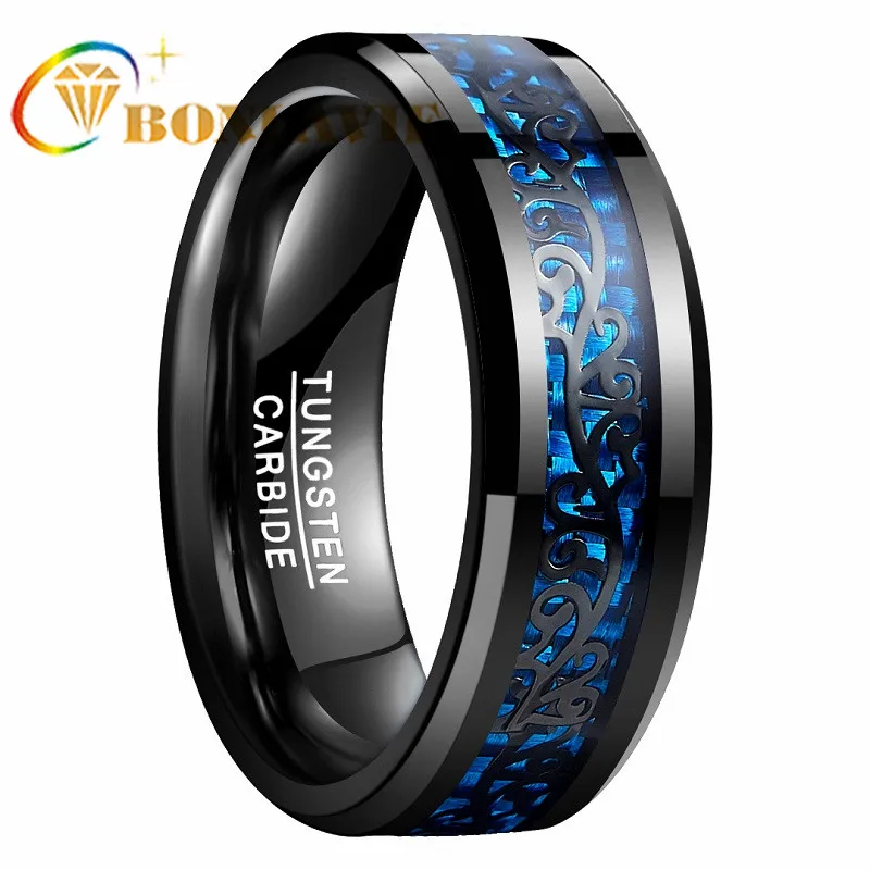 

BONLAVIE Black Vine Blue Carbon Fiber Tungsten Steel Rings Fashion Men Ring Wedding Bands Male Jewelry Anillos Accessories