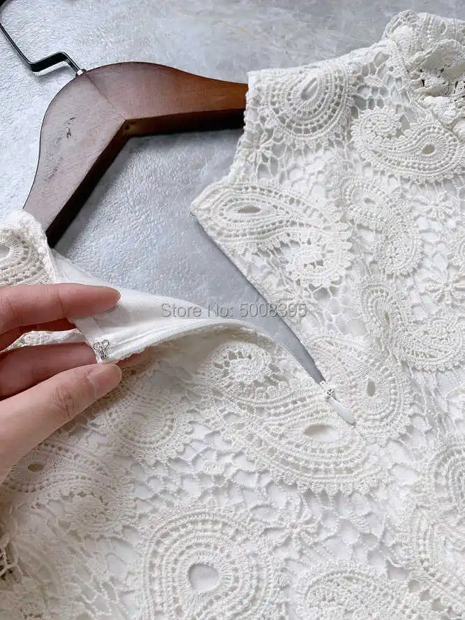 

Woman Lace Embroidered Short dress V-neck with buttoned Half Sleeves Puff Shoulders Fashion Asymmetric Hem dress