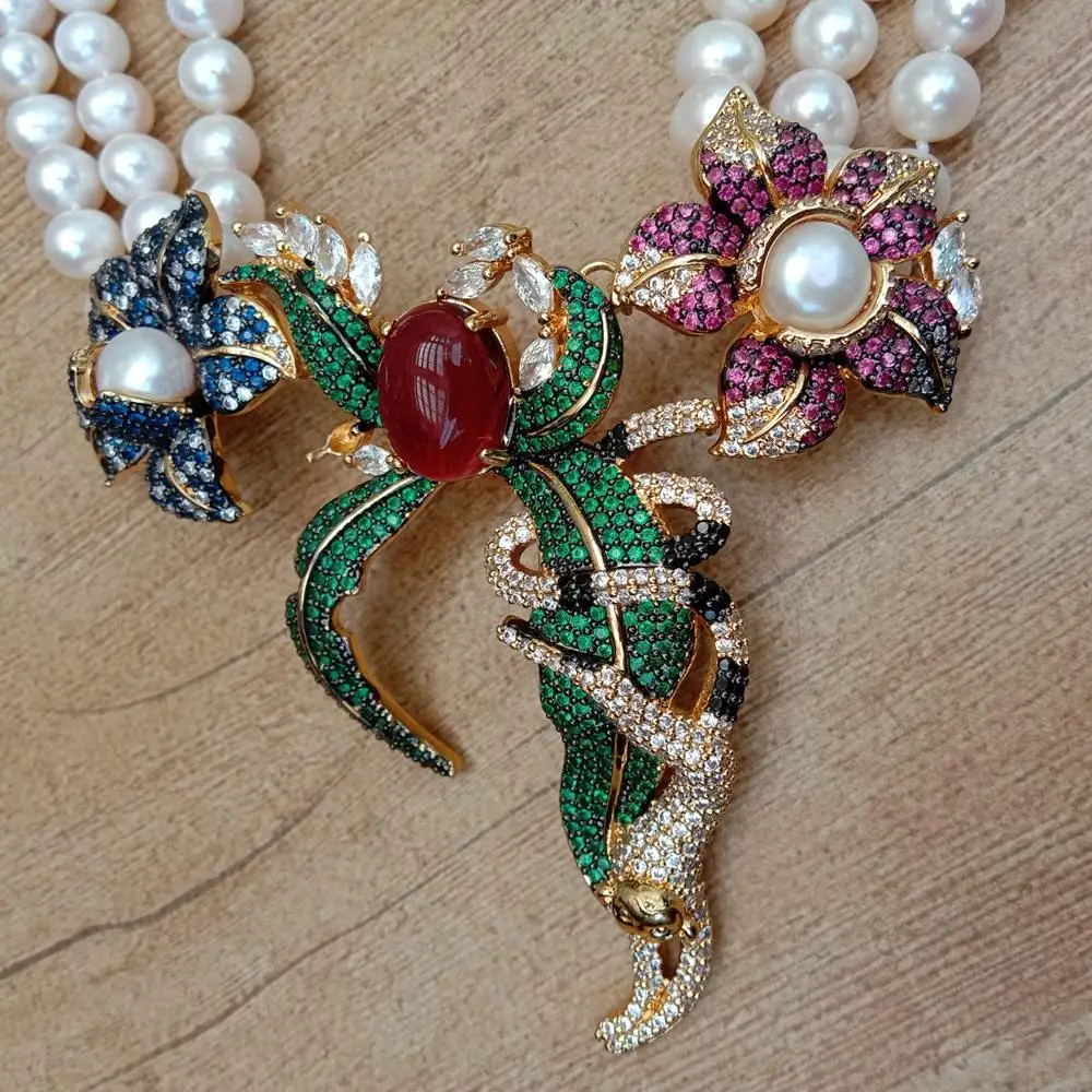 Y · YING 3 нити культивированный белый жемчуг кубический цирконий выложенный кулон