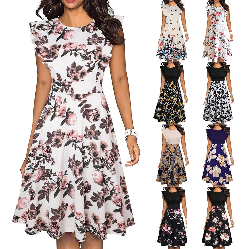 

Spring Summer New Women's Short Sleeve Slim Floral Print Women Dress