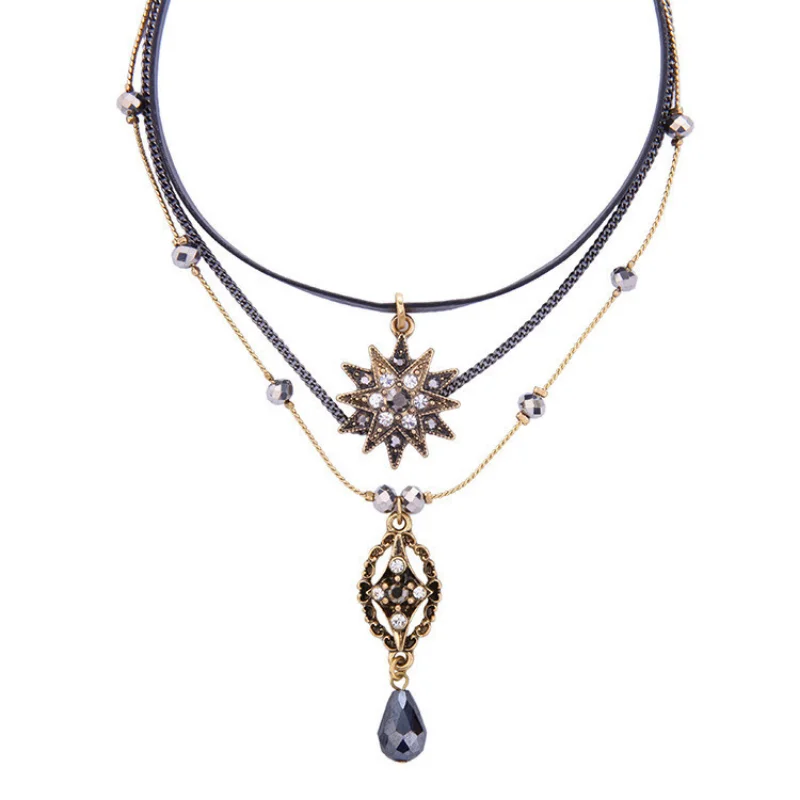 

2021Unique Brand Retro Jewelry Black Leather Choker Necklace Crystal Flower Tear-Drop Pendant Antique 3 Layers Necklace Vintage