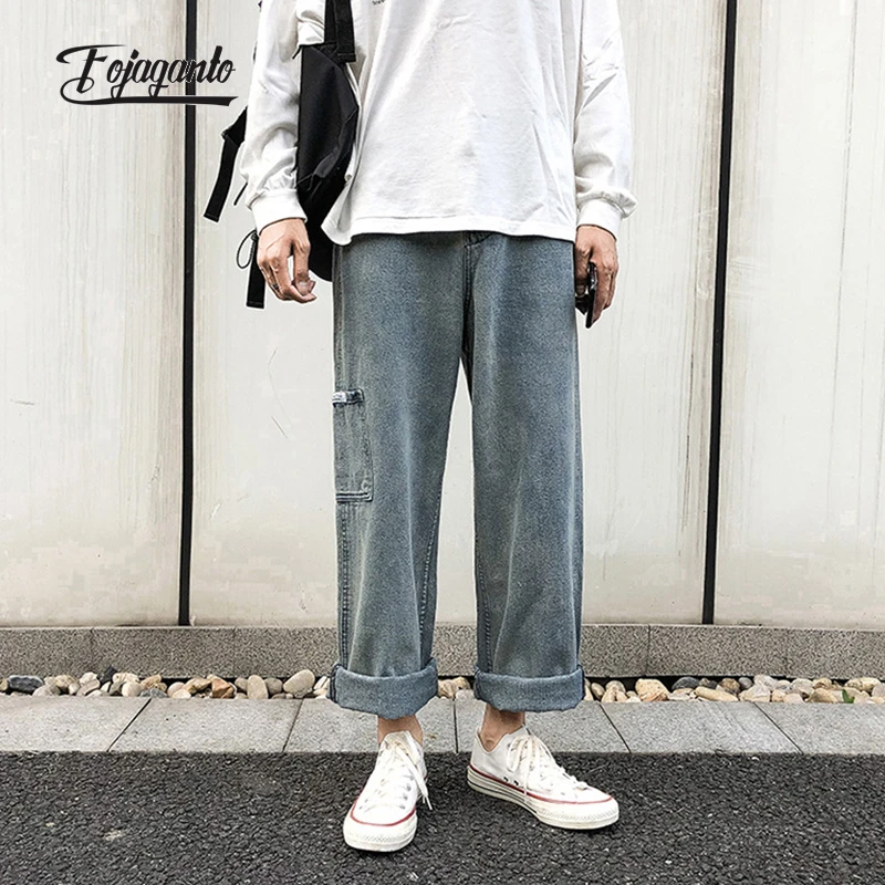 

FOJAGANTO Men's Four Seasons Loose Jeans Korean Trend Washed Denim Trousers Casual Retro Denim Straight Pants Man