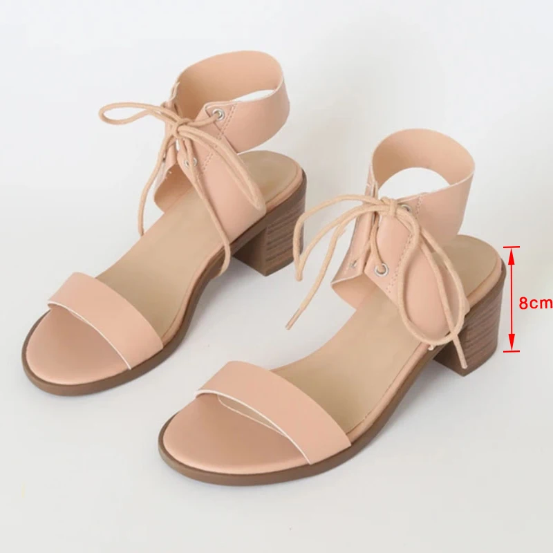 

Women Lace-up Sandals Ladies Open Toe PU Leather Shoes Female Fashion Square Heels Sandal Woman Comfort Footwear Summer 2021