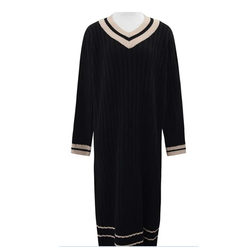 

2020 Korean new Autumn Winter Sweater Thick Knit Bottoming Dress Loose Large Size V-neck Long Sweaters Pullovers XA281