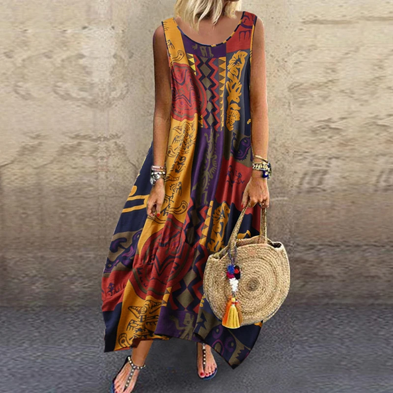 

Summer Elegant Women Linen Loose Dress Casual O-Neck Printing Dress Lady Sleeveless Hollow Out Dress 5XL Streetwear 2021 Vestido