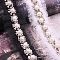 10 yards 2cm pleated organza satin ribbon rhinestone pearl decoration ribbons diy clothing hair accessories trim material