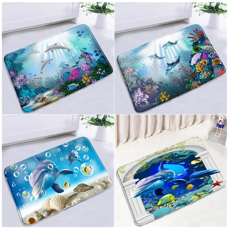 

3D Blue Deep Sea Dolphin Bath Mats Cartoon Ocean Animals Seabed Scenery Children Room Door Mat Floor Pad Bathroom Rug Decoration