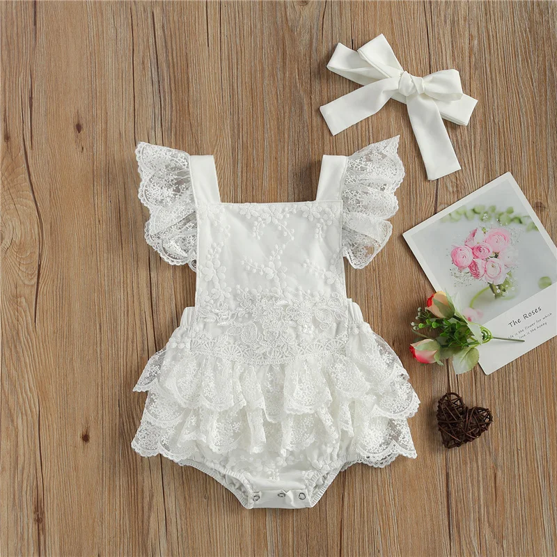 

Baby Girl Clothes Newborns Baby Romper Headband Summer Jumpsuit Cute Ruffle Sleeve Flower Lace Tutu Playsuit Children Clothes