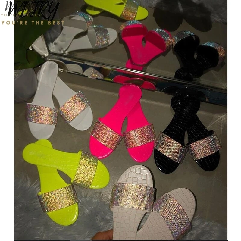 2020 пляжные сланцы со стразами и блестками яркие женские сандалии тапочки из ПВХ