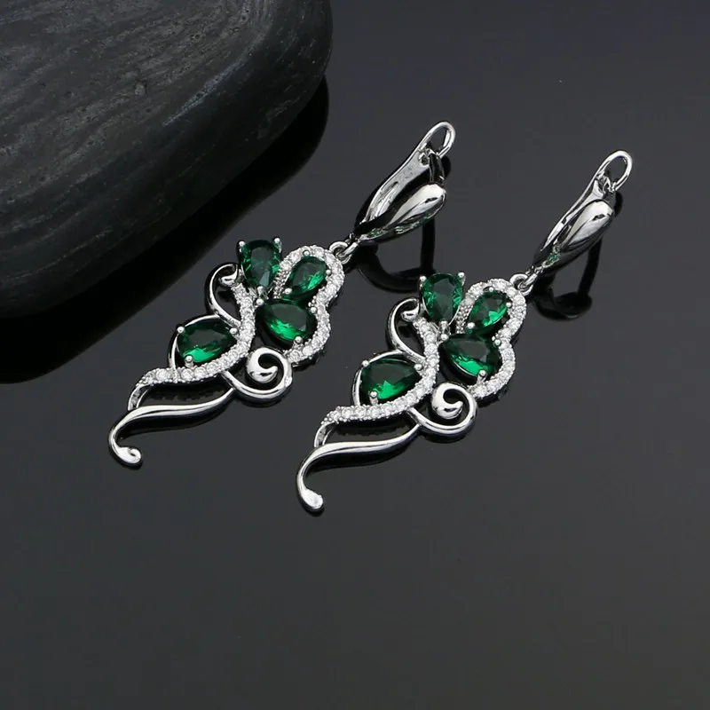 Silver 925 Jewelry Green CZ White Crystal Sets for Women Party Earrings Pendant/Rings/Necklace Set | Украшения и аксессуары