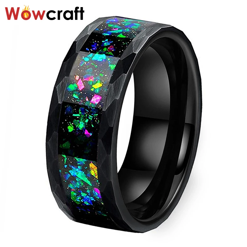 

8mm Hammered Tungsten Carbide Rings for Men Women Wedding Bands Galaxy Crushed Opal inlay Brushed Finish Comfort Fit