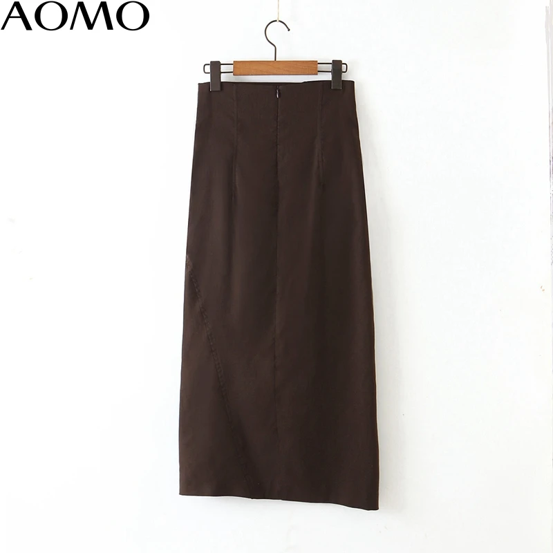 

AOMO fashion women chocolate midi skirt faldas mujer vintage side zipper office ladies elegant chic mid calf skirts QB138A