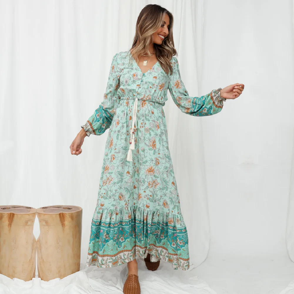 

2021 Boho Printed Maxi Dresses Vintage V-neck Long Sleeve High Waist Tassel Summer Dress For Women Clothing Cotton Tunic A581