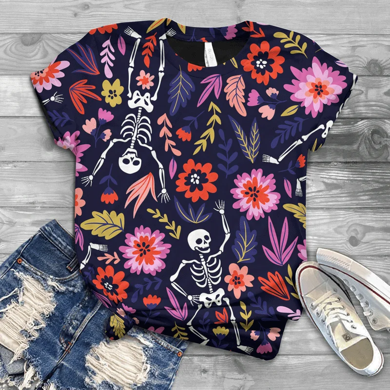 

Harajuku Summer Round Neck Ladies T-shirt 3D Printing Skull Street Top T-shirt