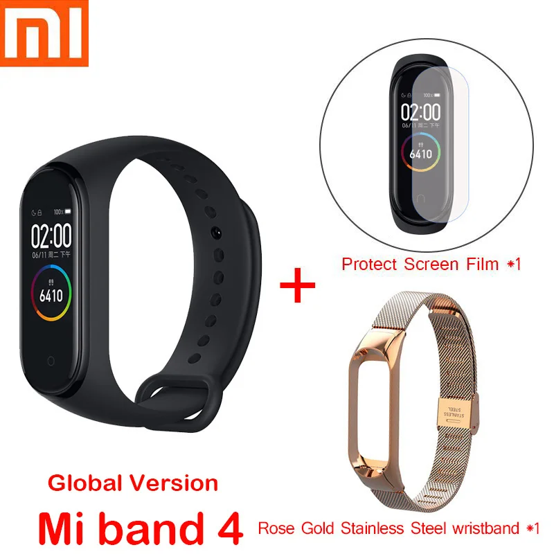 Global mi4 add strap Xiaomi mi браслет, 4 браслета/Xiaomi mi, 3 браслета, пульсометр, фитнес, цветной экран, Bluetooth 5,0, умный mi Band 4, для IOS, Android - Цвет: Global mi4 add strap