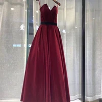 long cheapest burgundy prom dresses with black belt simple a line vestido de formatura full length prom gowns hot sale