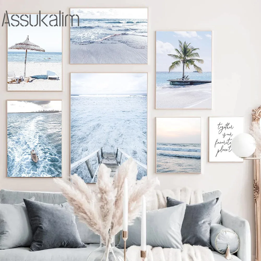 

Blue Ocean Landscape Poster Sea Scenery Canvas Painting Tropical Palm Tree Print Nordic Posters And Prints Living Room Decor