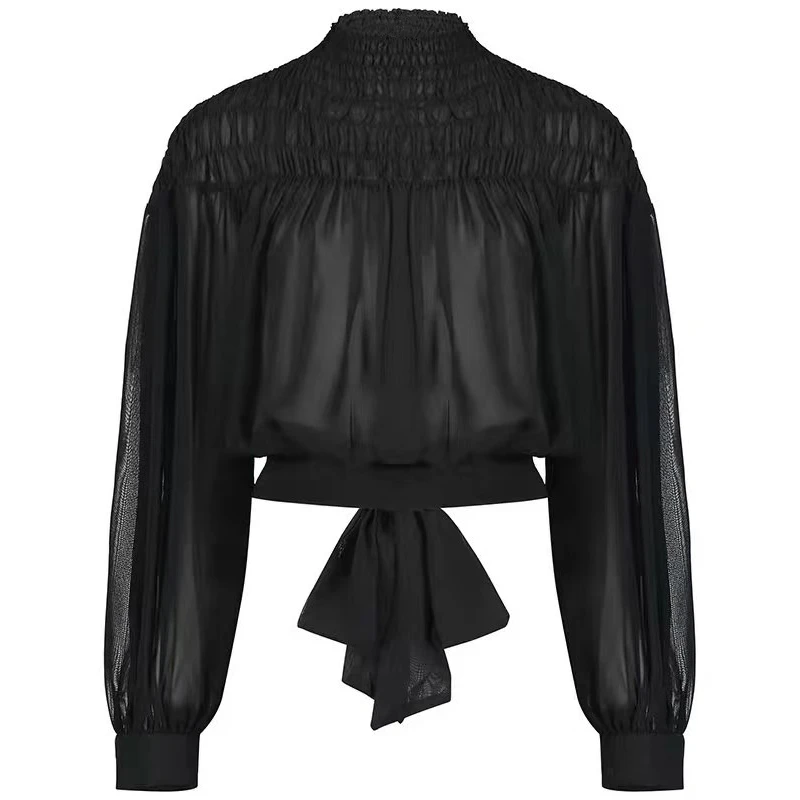 Женская блузка с воротником-стойкой рукавами-фонариками и рюшами | одежда