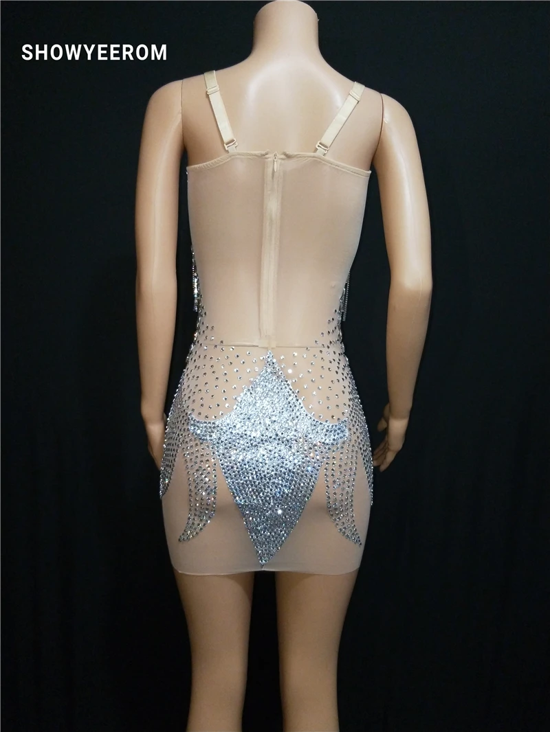 Women Rhinestones Fringes Dress Stage Wear Transparent elastic mesh Singer Evening Performance Tassel dress short | Тематическая
