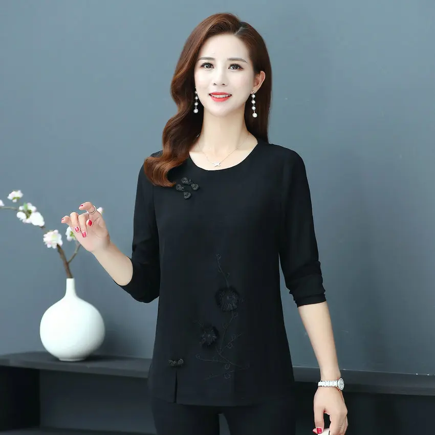 Oriental Style Women Spring Retro Blouses Green Black Red Floral Embroidery Tunic Ethnic Long Sleeve O-Neck Vintage Button Top | Женская