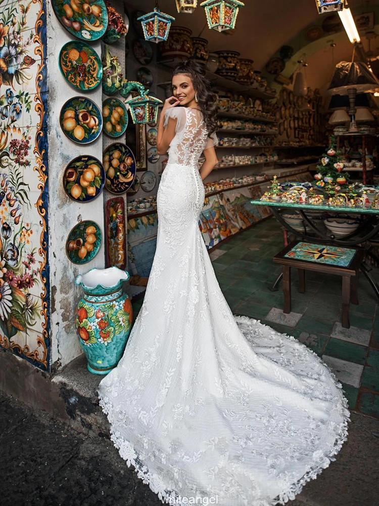 

Hi Shy Bride New simple wedding dress backless sleeveless design chiffon lace bride dresses princess dress plus size tailor-made