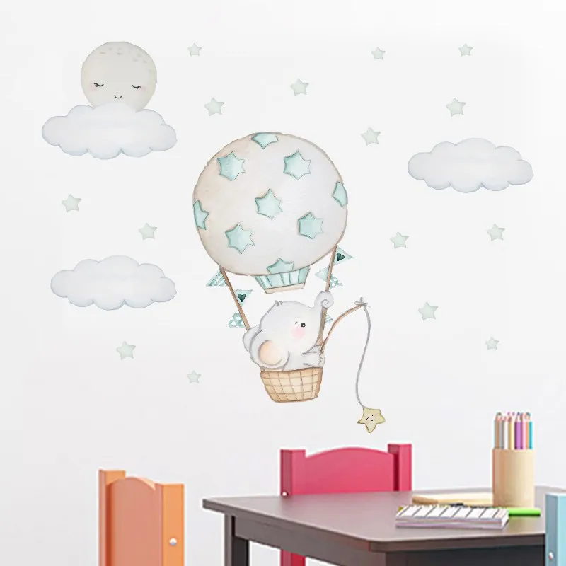 

Cartoon Baby Elephant Wall Stickers For Nursery Baby Kids Room Decoration Hot Air Balloon Decals Cloud Moon Stars PVC
