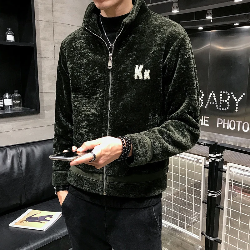 Мужская зимняя куртка-бомбер теплая шерстяная с разрезами повседневное пальто