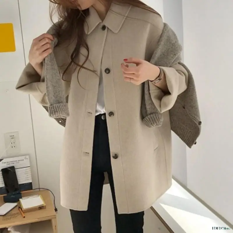 

Autumn Women Faux Wool Coat Long Sleeve Single Breasted Fashion Turn Down Female Blends Causal Loose Winter Outwear 2021