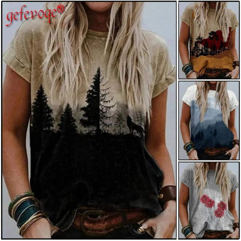 

Scenery Graphic Print Women's T Shirt Casual Large Size Feminine Tops Tees Loose Vintage Van Gogh Clothes Female Pullovers Shirt